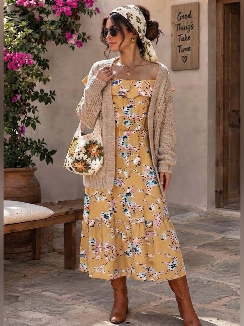 Vero Moda Marigold Yellow Floral Off Shoulder Ruffle Maxi Dress Large Boho